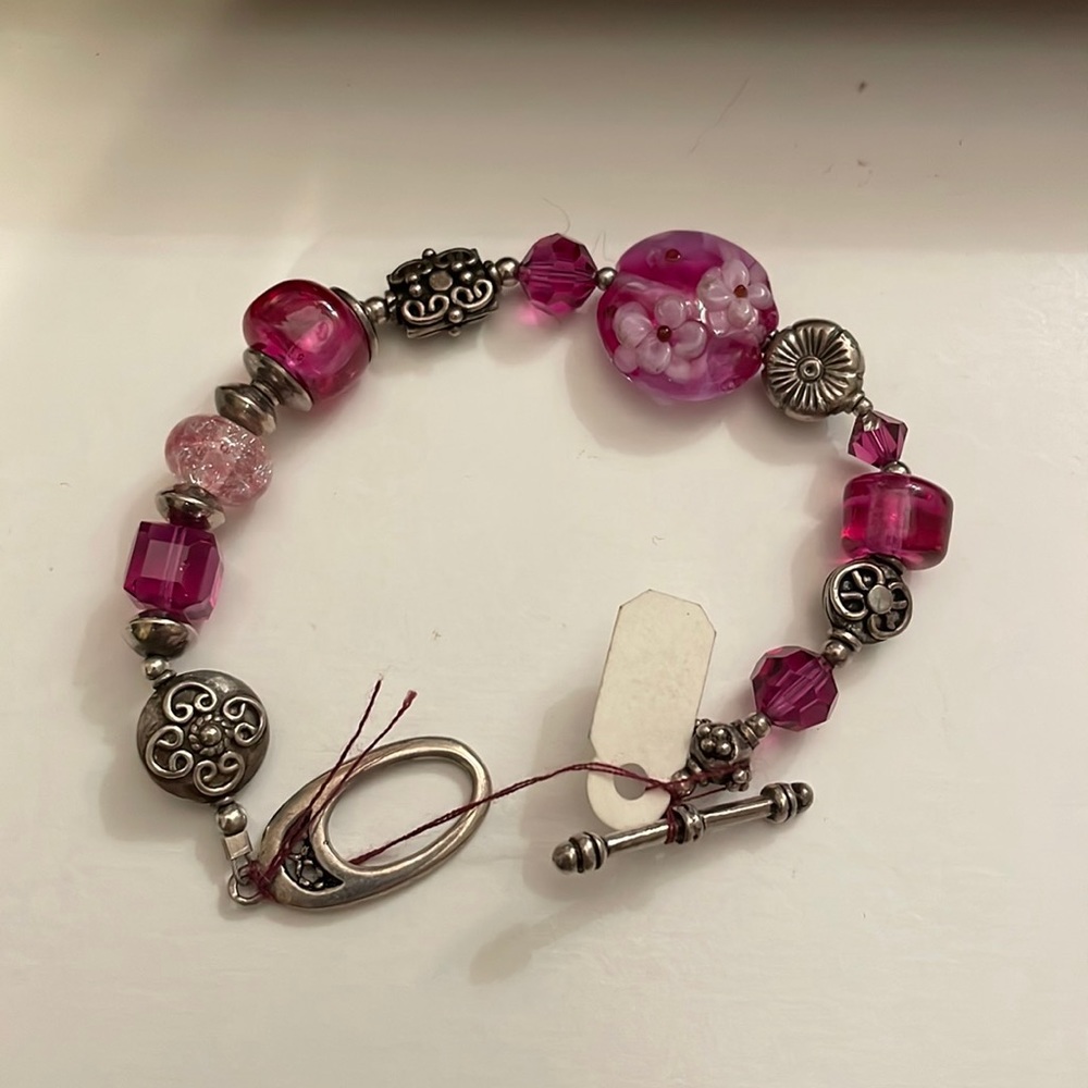 Bright Deep Pink Lampwork and Bali Bead Bracelet